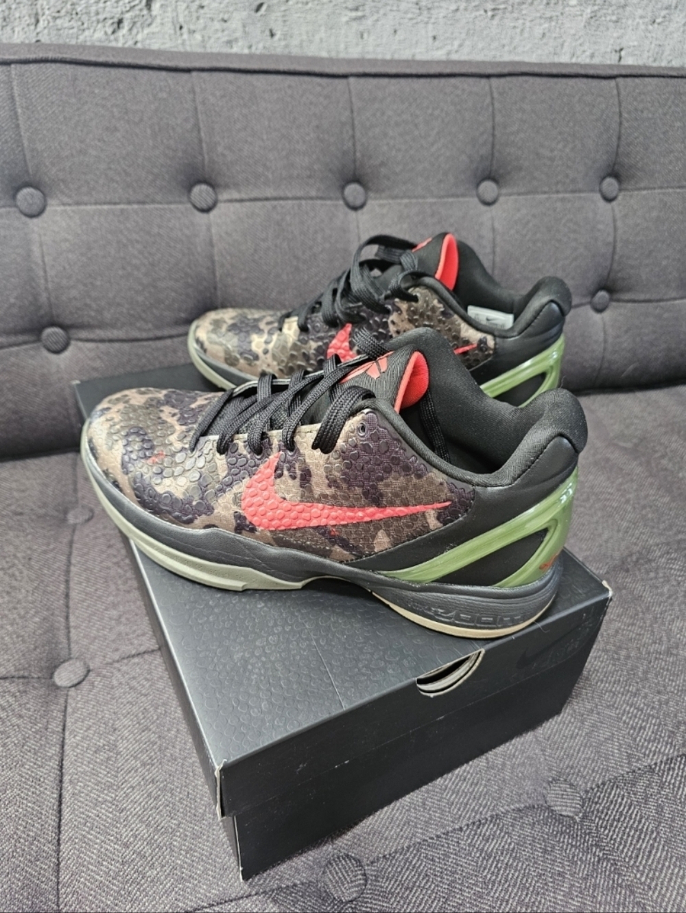 Nike Men's Camo Basketball Sneakers with Red Swoosh and Green Heel